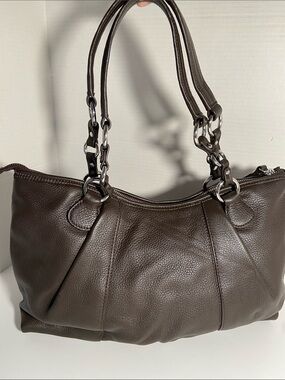 Danier Leather Handbag in a thick chocolate brown leather and dust bag.